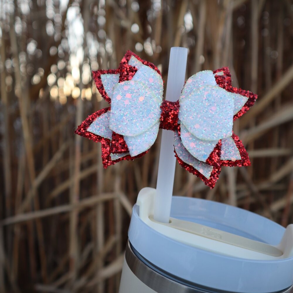 Stanley Tumbler white and rec  Bow Straw Topper Stanley Accessories Glitter bow